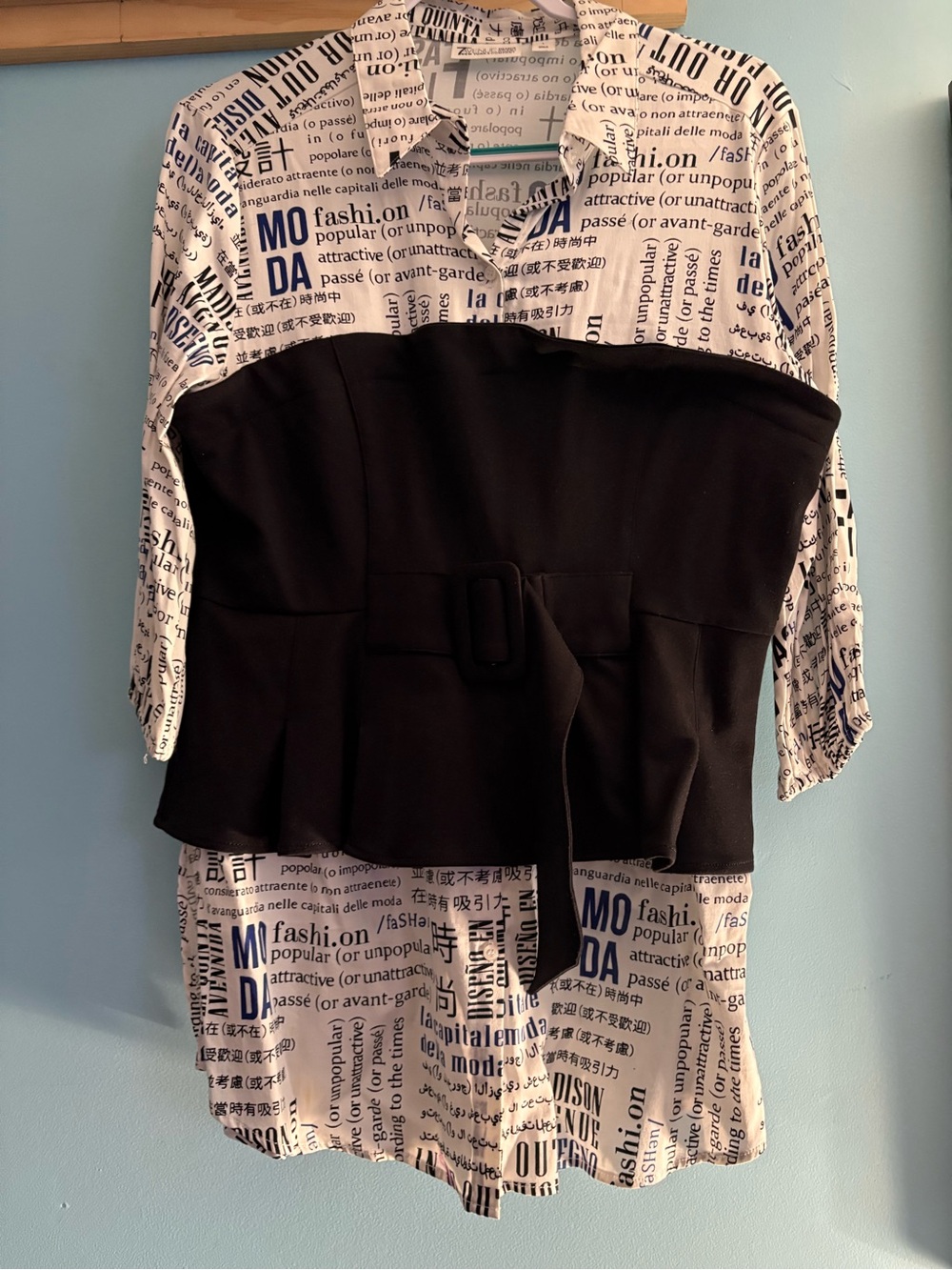 New York & Company Black and White Newspaper Print Layered Blouse
